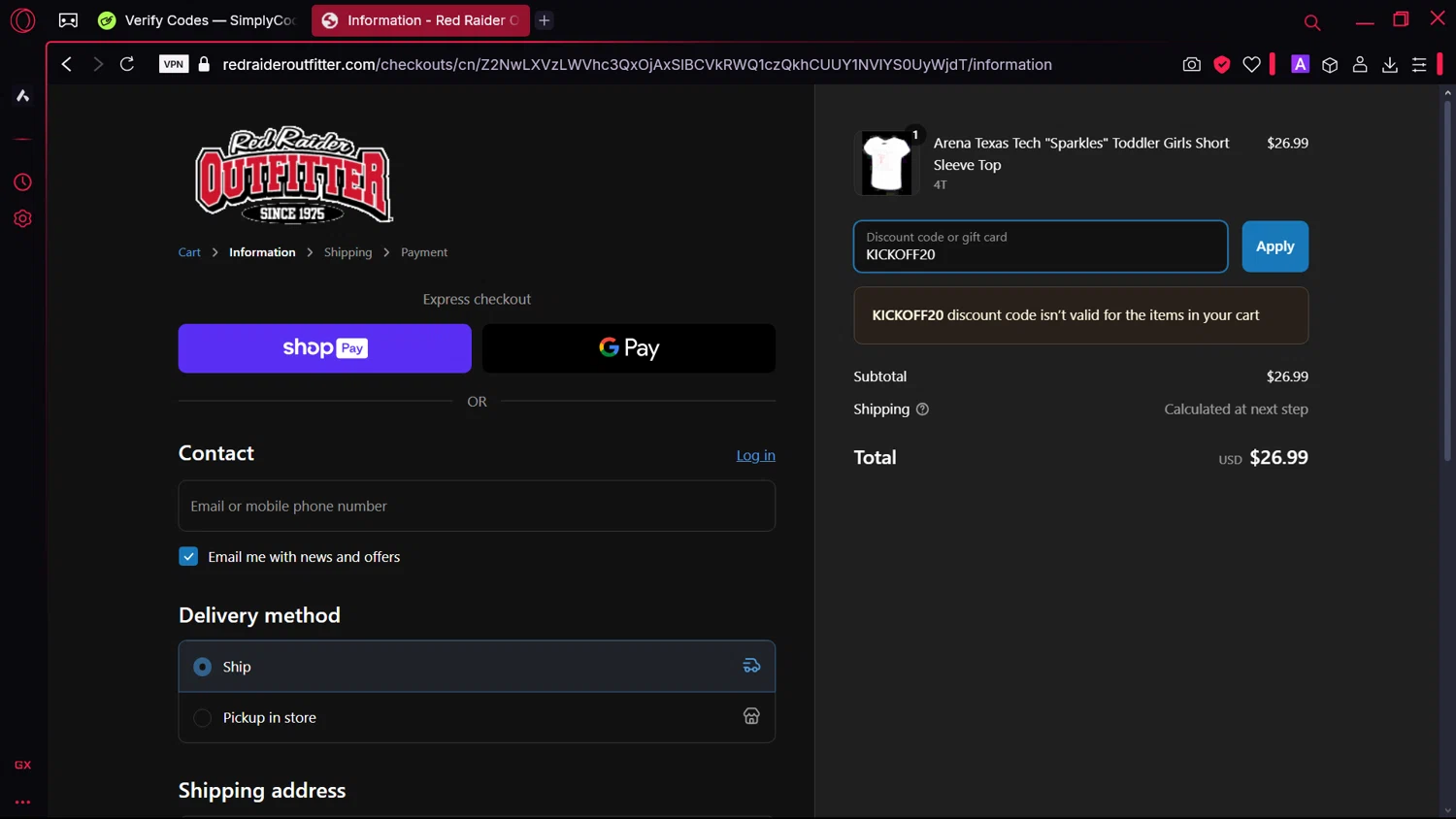 Red Raider Outfitter discount code screenshot showing code KICKOFF20 applied at Red Raider Outfitter checkout page. Uploaded by SimplyCodes community member comidaparallevar on Mar 15, 2025