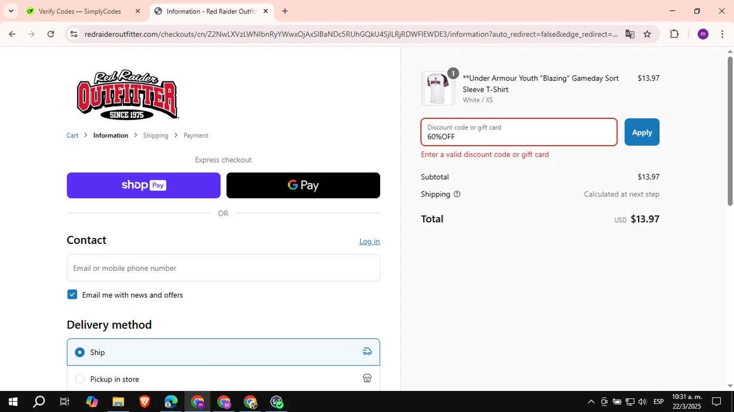 Red Raider Outfitter discount code screenshot showing code 60%OFF applied at Red Raider Outfitter checkout page. Uploaded by SimplyCodes community member VictoriousCurator6515 on Mar 22, 2025
