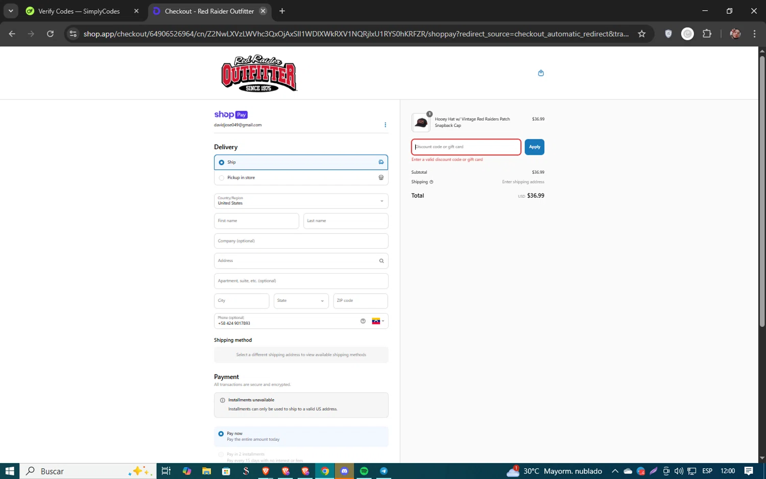 Red Raider Outfitter discount code screenshot showing code CYBER applied at Red Raider Outfitter checkout page. Uploaded by SimplyCodes community member 61451681 on Apr 6, 2025
