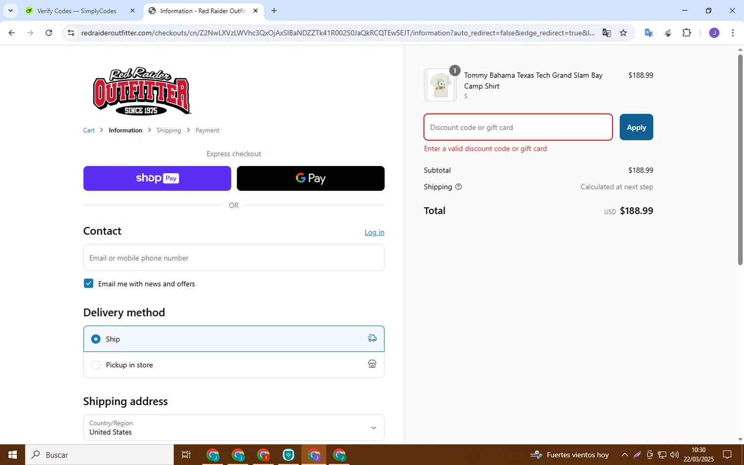Red Raider Outfitter discount code screenshot showing code CYBER applied at Red Raider Outfitter checkout page. Uploaded by SimplyCodes community member MoneyPro9023 on Mar 22, 2025