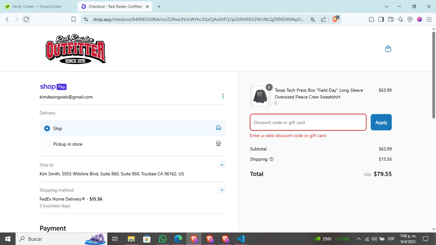 Red Raider Outfitter discount code screenshot showing code WAREHOUSESALE applied at Red Raider Outfitter checkout page. Uploaded by SimplyCodes community member Kim_michi on Apr 9, 2025