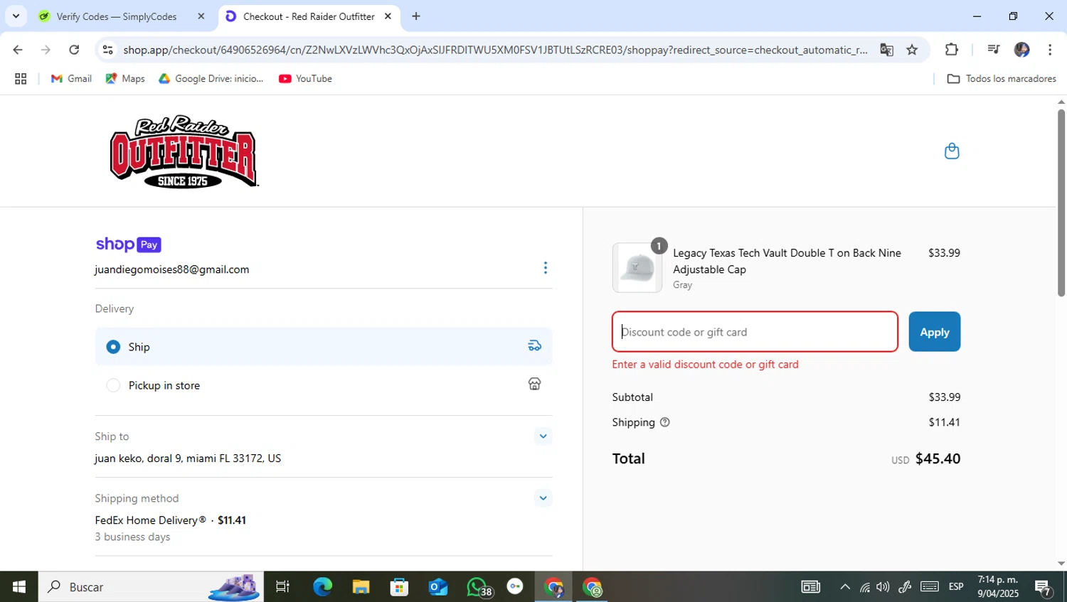 Red Raider Outfitter discount code screenshot showing code WAREHOUSESALE applied at Red Raider Outfitter checkout page. Uploaded by SimplyCodes community member LuckyPro9285 on Apr 9, 2025