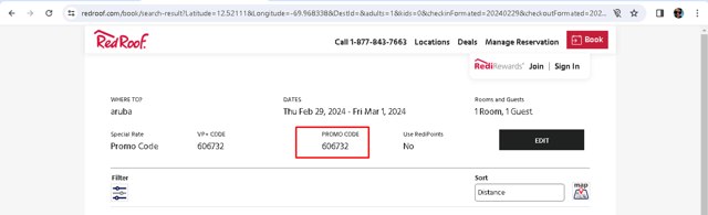 Red Roof checkout page showing Red Roof promo code box | Screenshot taken by SimplyCodes community member on Feb 29, 2024
