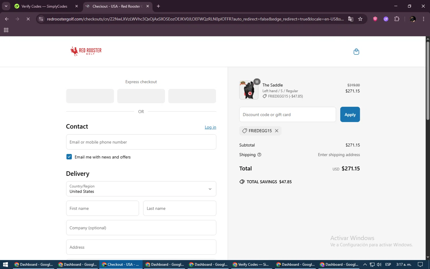 Red Rooster Golf discount code screenshot showing code FRIEDEGG15 applied at Red Rooster Golf checkout page. Uploaded by SimplyCodes community member ExtraordinaryVirtuoso6801 on Jun 26, 2025