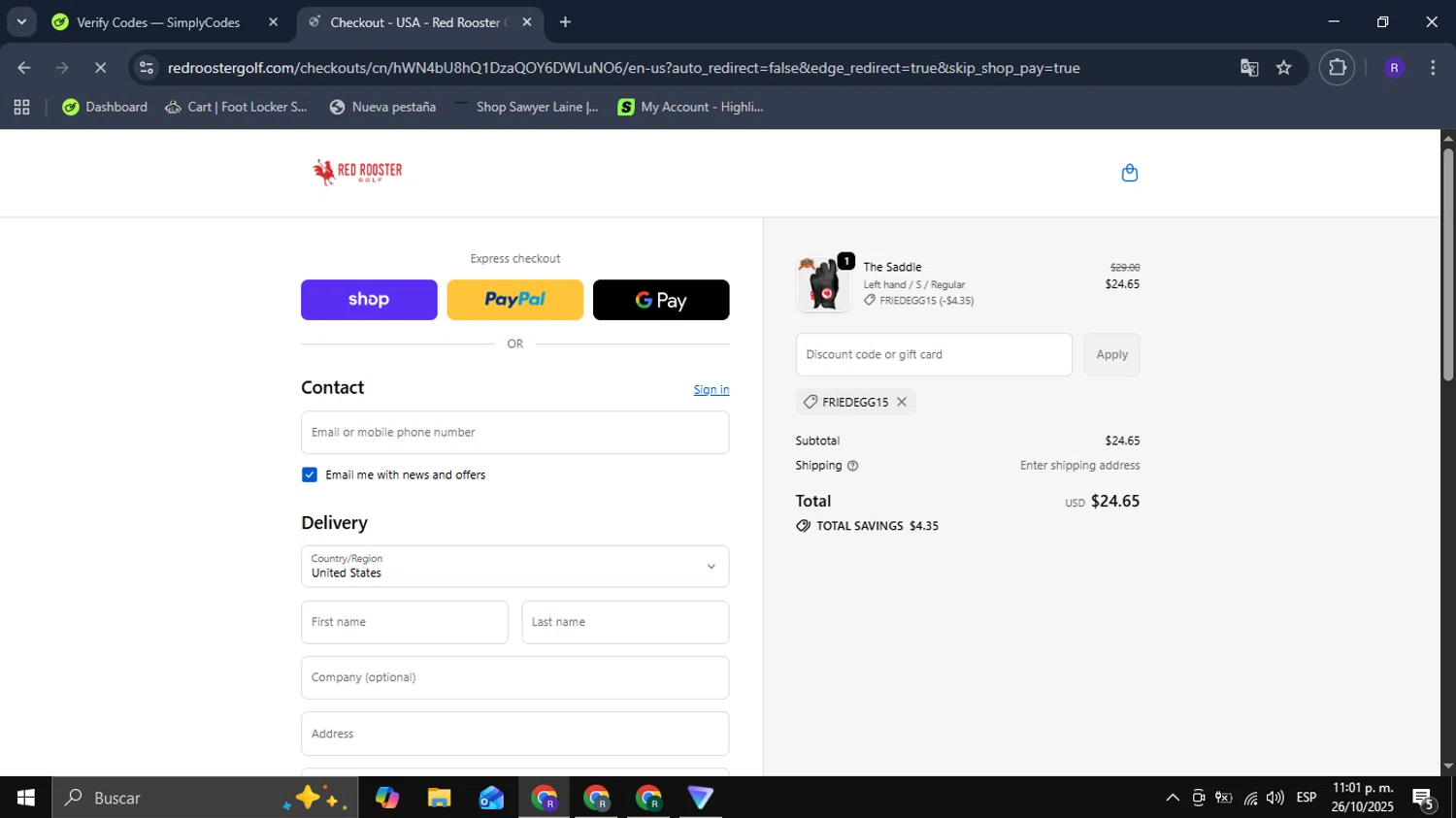 Red Rooster Golf discount code screenshot showing code FRIEDEGG15 applied at Red Rooster Golf checkout page. Uploaded by SimplyCodes community member Mykeusername on Oct 27, 2025