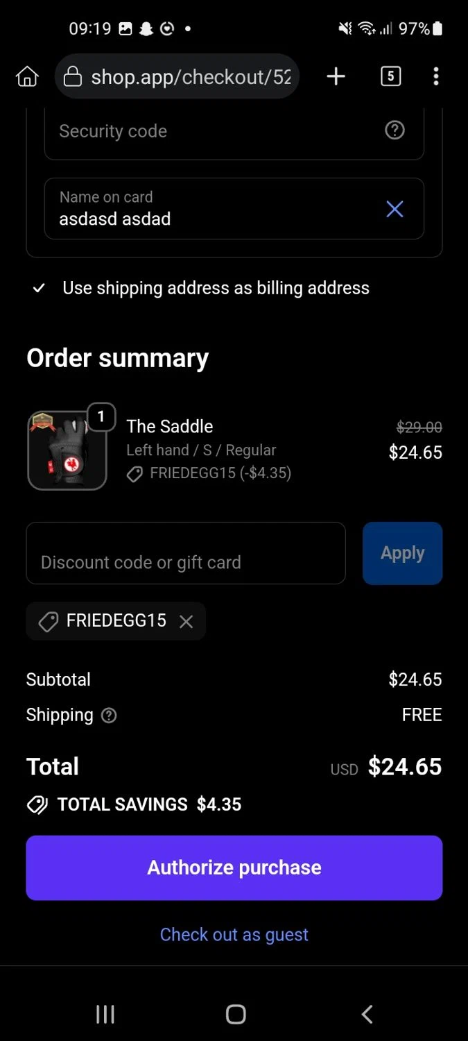 Red Rooster Golf discount code screenshot showing code FRIEDEGG15 applied at Red Rooster Golf checkout page. Uploaded by SimplyCodes community member Sukuna_ on Nov 9, 2025