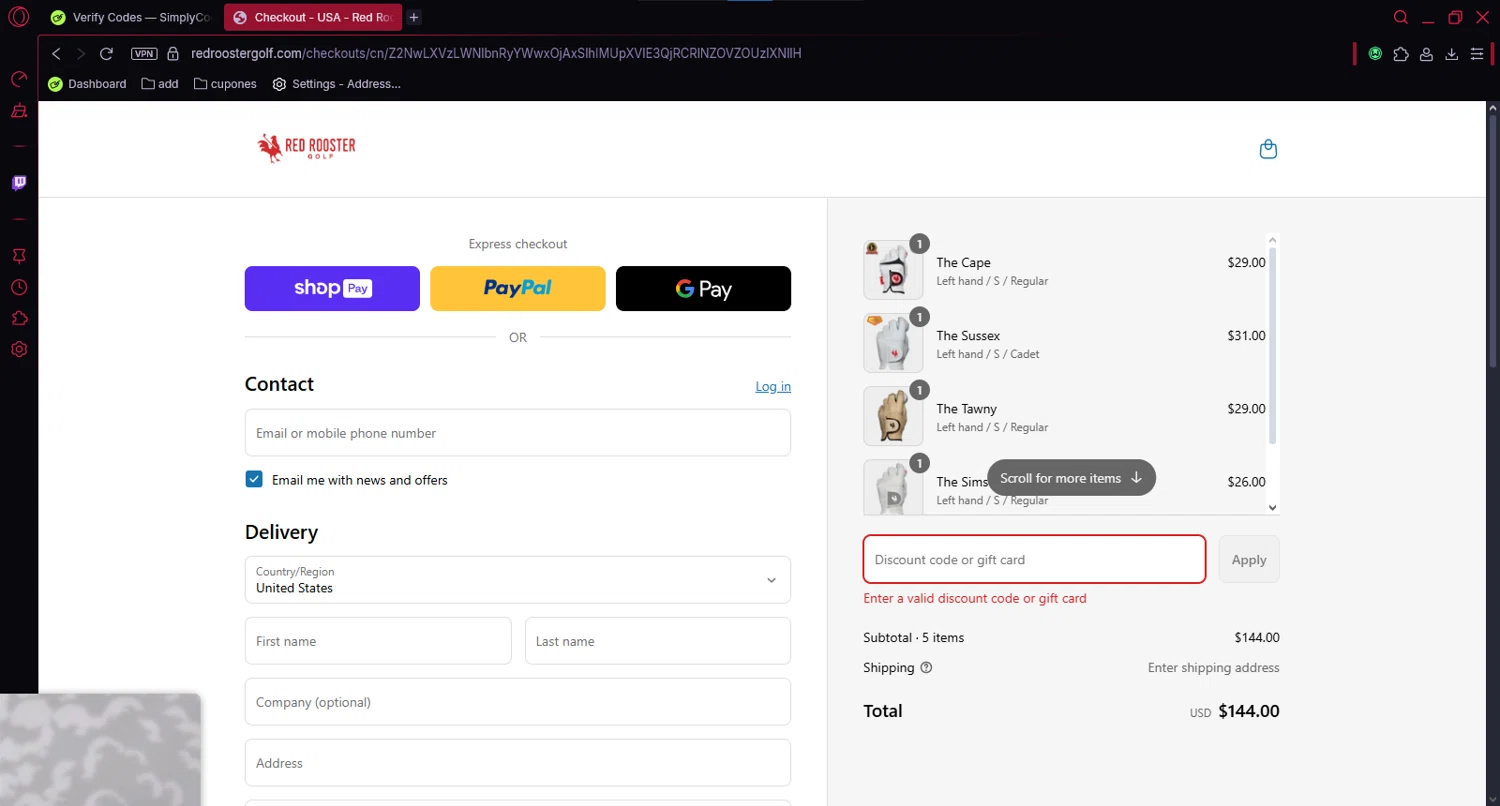 Red Rooster Golf discount code screenshot showing code GGT20 applied at Red Rooster Golf checkout page. Uploaded by SimplyCodes community member Mortek on Jun 12, 2025