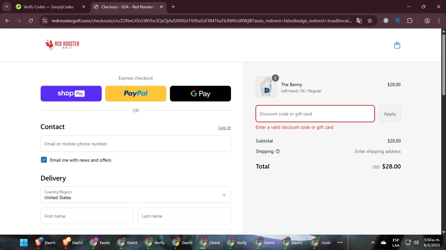 Red Rooster Golf discount code screenshot showing code ngf5 applied at Red Rooster Golf checkout page. Uploaded by SimplyCodes community member EpicCurator4666 on May 6, 2025
