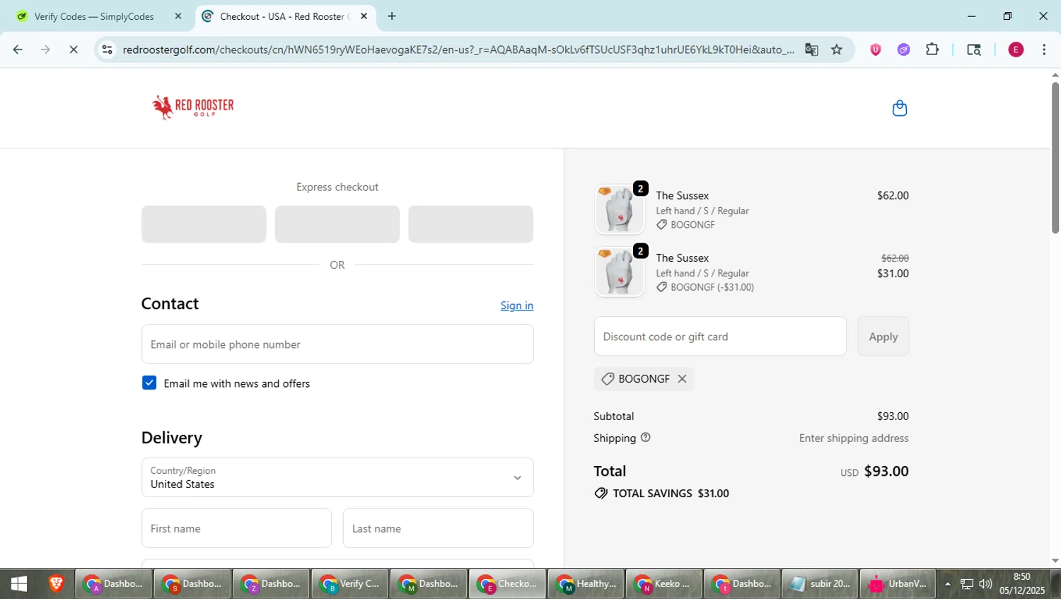 Red Rooster Golf discount code screenshot showing code Bogongf applied at Red Rooster Golf checkout page. Uploaded by SimplyCodes community member BrilliantWhiz4434 on Dec 5, 2025