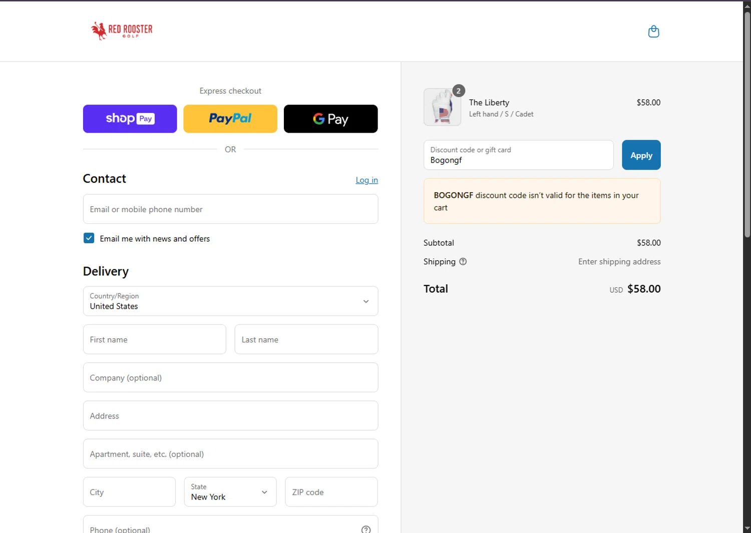 Red Rooster Golf discount code screenshot showing code Bogongf applied at Red Rooster Golf checkout page. Uploaded by SimplyCodes community member SalePhoenix2220 on Jul 3, 2025