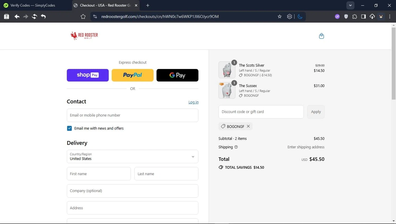 Red Rooster Golf discount code screenshot showing code Bogongf applied at Red Rooster Golf checkout page. Uploaded by SimplyCodes community member ValiantHunter5929 on Jul 14, 2025