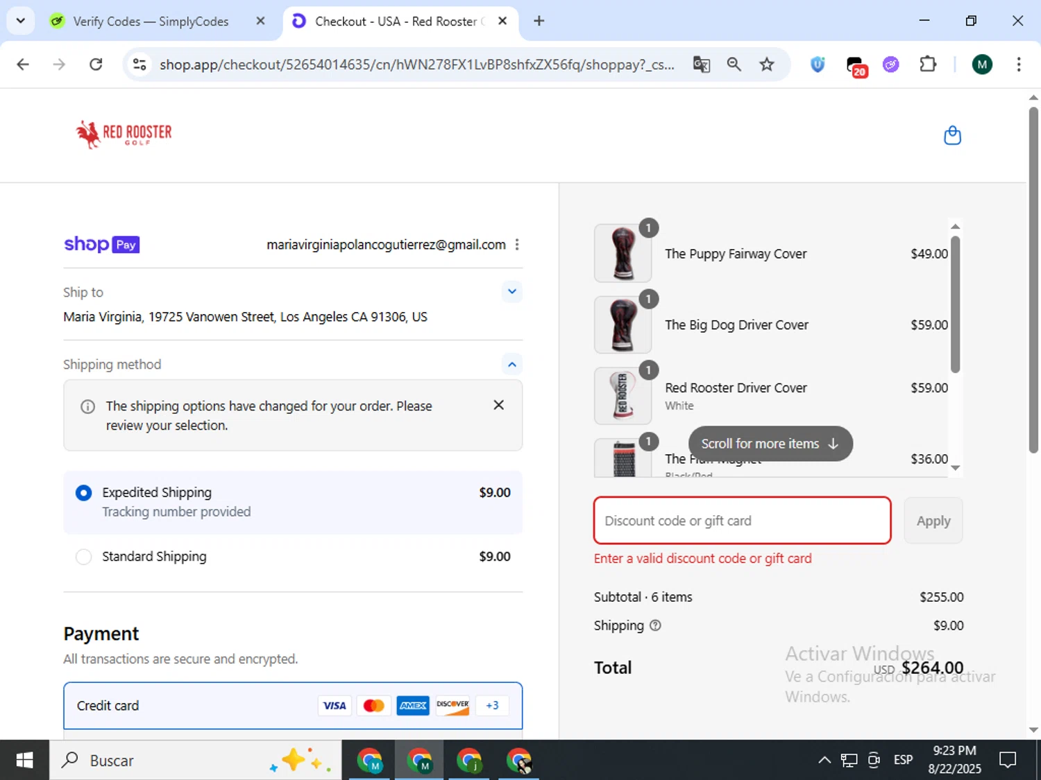 Red Rooster Golf discount code screenshot showing code CELEBRATE50 applied at Red Rooster Golf checkout page. Uploaded by SimplyCodes community member Jorgeluisvera on Aug 23, 2025