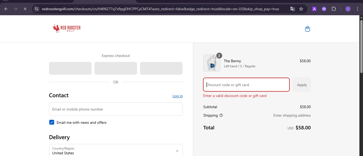Red Rooster Golf discount code screenshot showing code CELEBRATE50 applied at Red Rooster Golf checkout page. Uploaded by SimplyCodes community member joineds on Aug 23, 2025