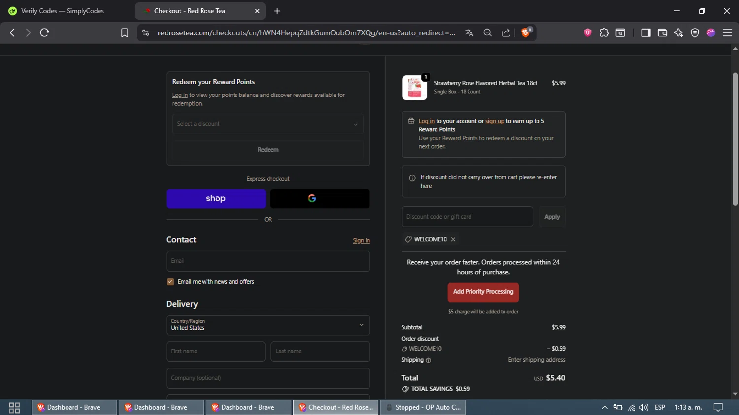 Red Rose Tea coupon code screenshot showing code Welcome10 applied at Red Rose Tea checkout page. Uploaded by SimplyCodes community member Waynesmith on Oct 19, 2025