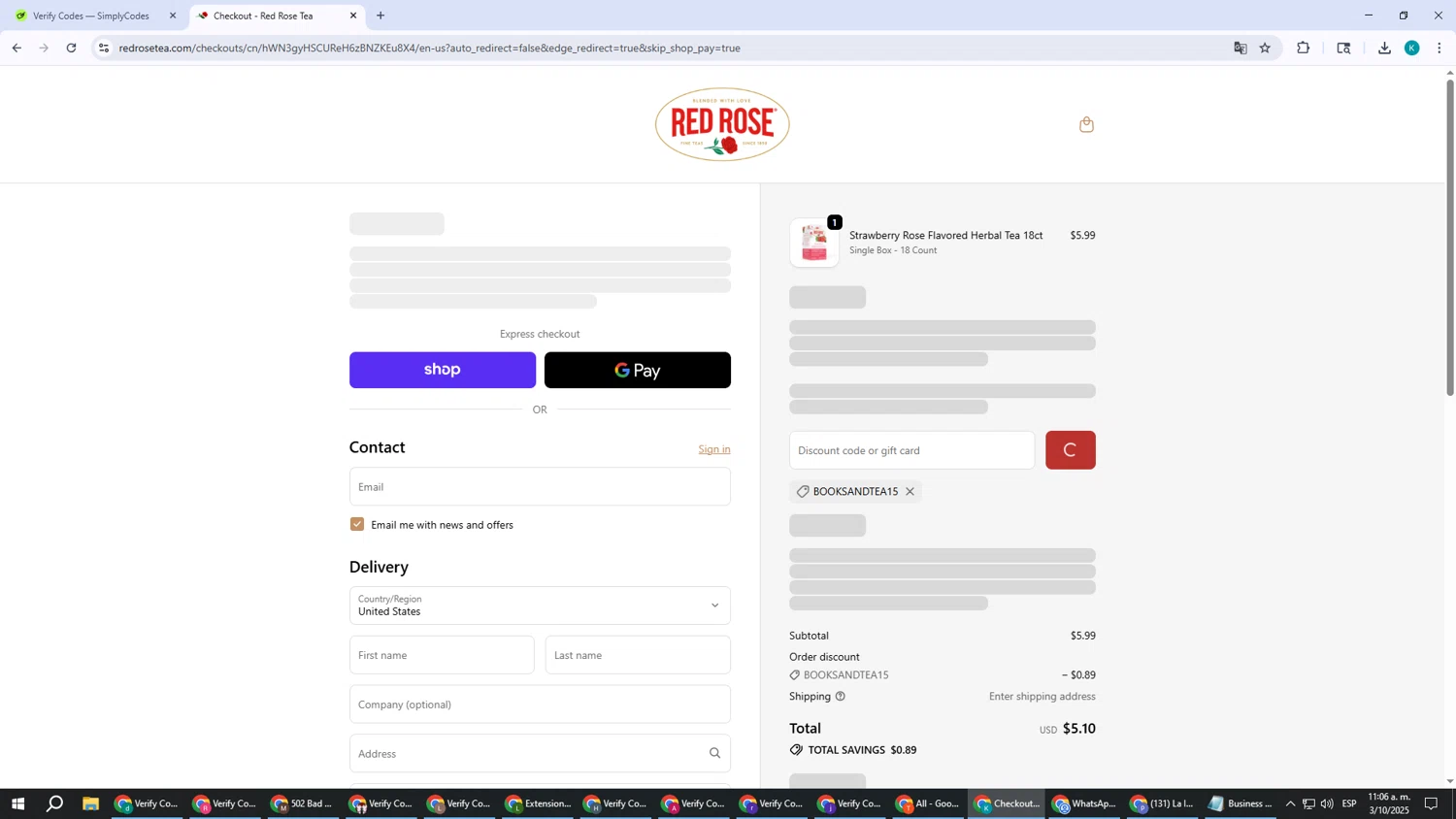 Red Rose Tea coupon code screenshot showing code BOOKSANDTEA15 applied at Red Rose Tea checkout page. Uploaded by SimplyCodes community member CodeHunter9012 on Oct 3, 2025