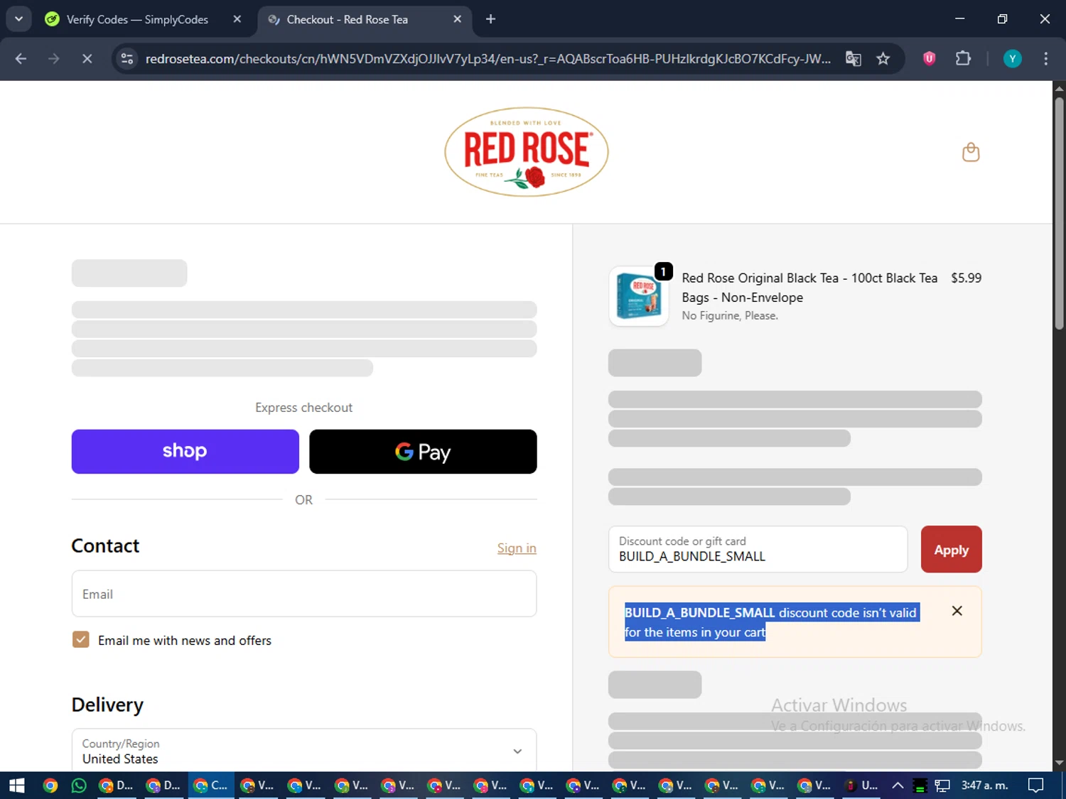 Red Rose Tea coupon code screenshot showing code BUILD_A_BUNDLE_SMALL applied at Red Rose Tea checkout page. Uploaded by SimplyCodes community member RoyalEagle4794 on Nov 20, 2025