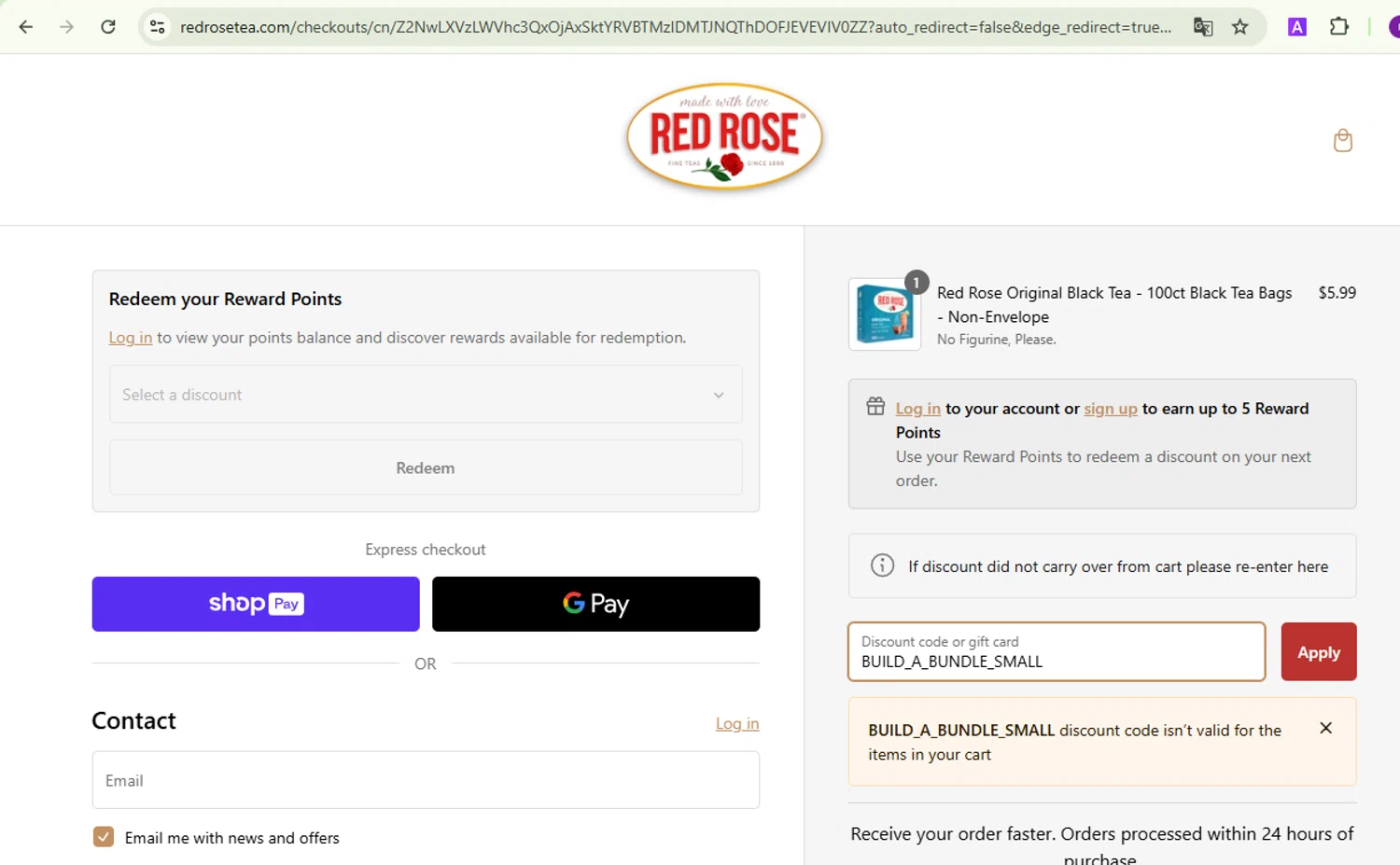 Red Rose Tea coupon code screenshot showing code BUILD_A_BUNDLE_SMALL applied at Red Rose Tea checkout page. Uploaded by SimplyCodes community member SmartVoyager1455 on Feb 12, 2025