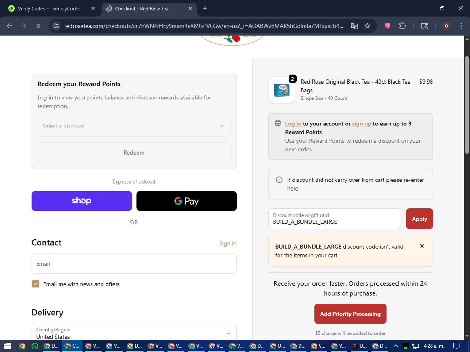 Red Rose Tea coupon code screenshot showing code BUILD_A_BUNDLE_LARGE applied at Red Rose Tea checkout page. Uploaded by SimplyCodes community member LegendaryAdmiral8649 on Nov 3, 2025