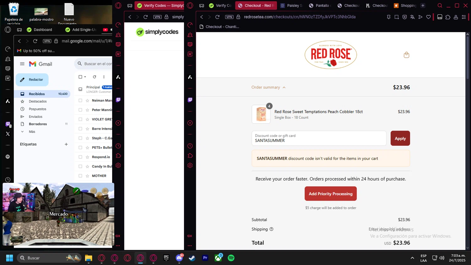 Red Rose Tea coupon code screenshot showing code SANTASUMMER applied at Red Rose Tea checkout page. Uploaded by SimplyCodes community member Halanweik on Jul 24, 2025
