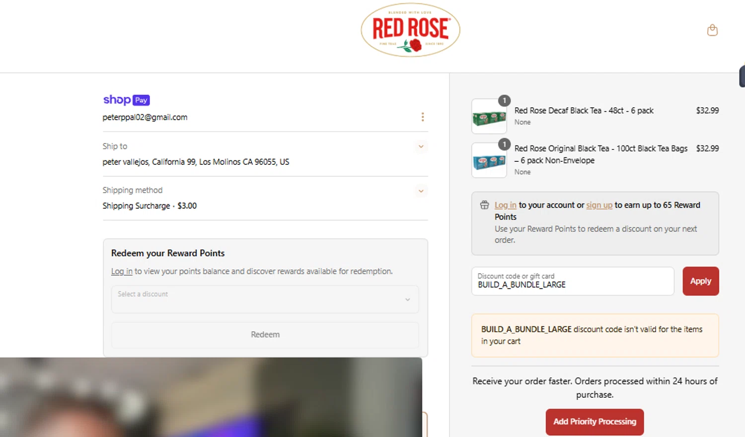 Red Rose Tea coupon code screenshot showing code BUILD_A_BUNDLE_LARGE applied at Red Rose Tea checkout page. Uploaded by SimplyCodes community member ricardoramirez1 on Jun 5, 2025