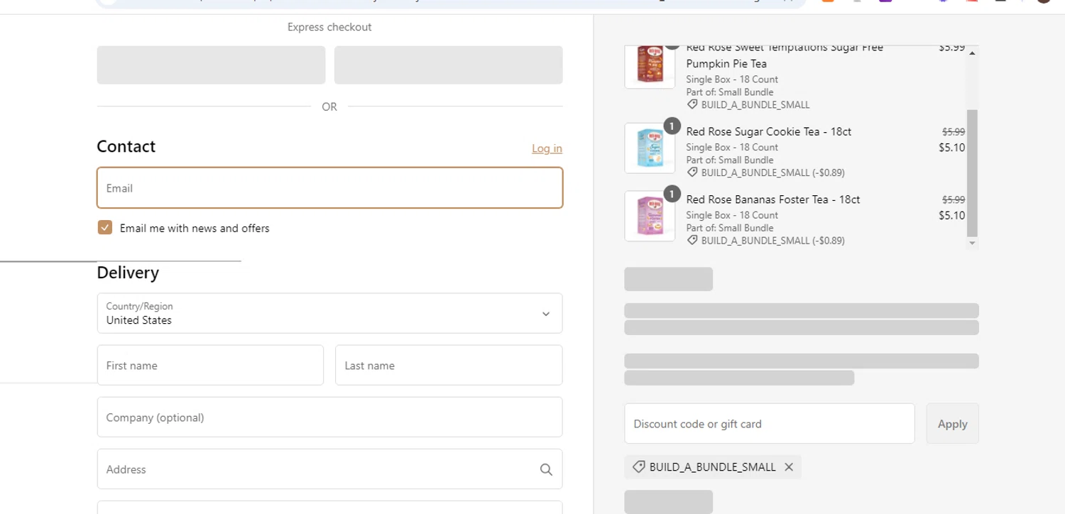 Red Rose Tea coupon code screenshot showing code BUILD_A_BUNDLE_SMALL applied at Red Rose Tea checkout page. Uploaded by SimplyCodes community member shark12 on Feb 12, 2025