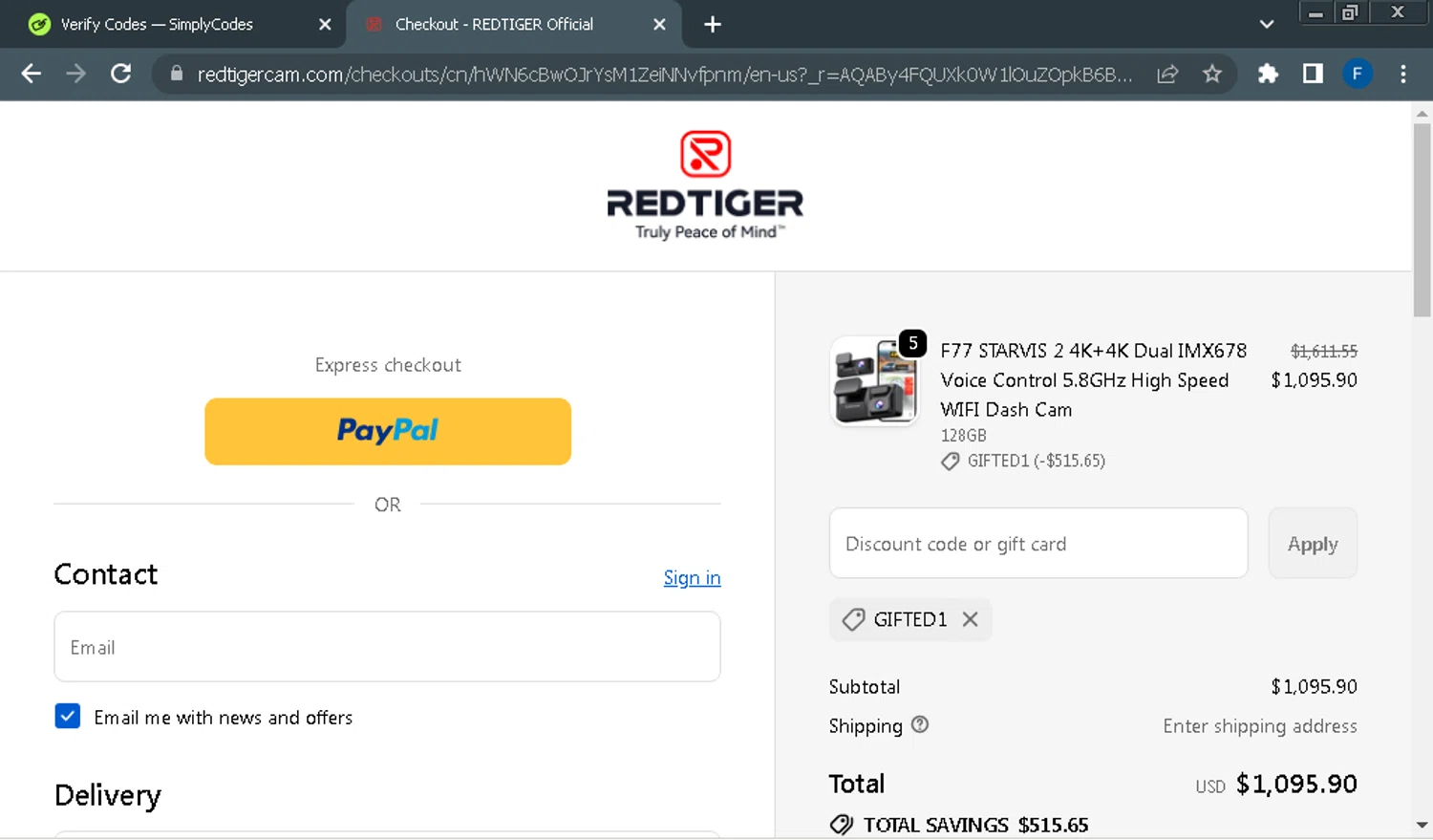 Redtiger discount code screenshot showing code gifted1 applied at Redtiger checkout page. Uploaded by SimplyCodes community member Fraimer on Dec 19, 2025