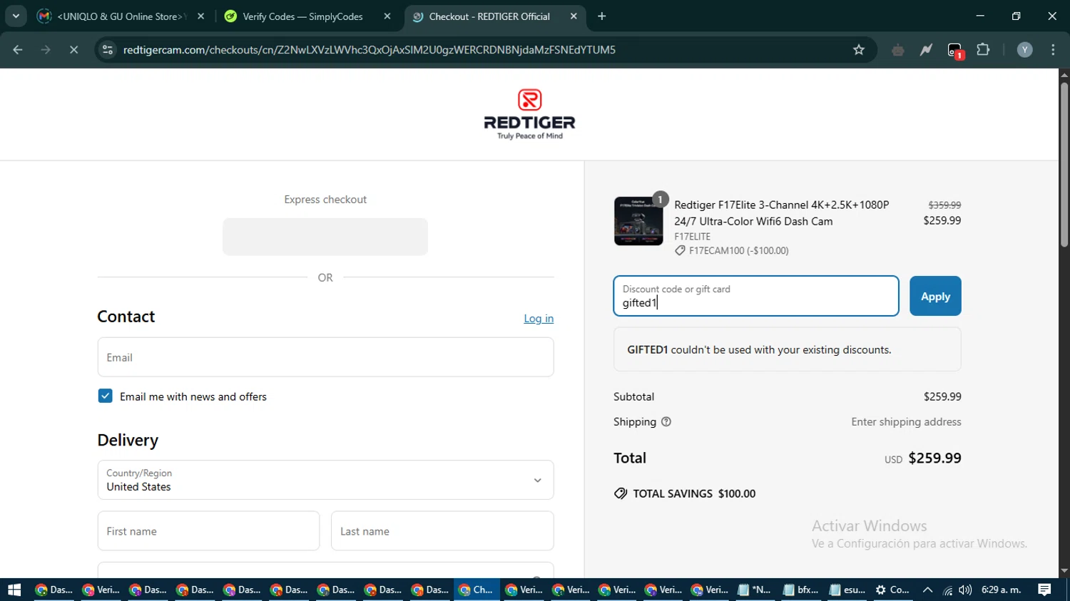 Redtiger discount code screenshot showing code gifted1 applied at Redtiger checkout page. Uploaded by SimplyCodes community member MoneyTiger5162 on Apr 19, 2025