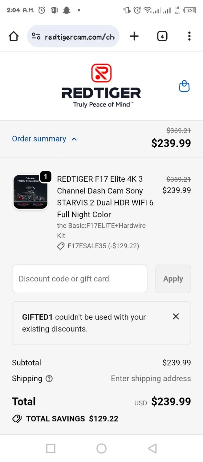 Redtiger discount code screenshot showing code gifted1 applied at Redtiger checkout page. Uploaded by SimplyCodes community member tumiedo on Oct 12, 2025