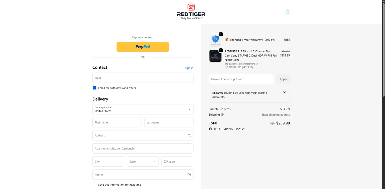 Redtiger discount code screenshot showing code KEEQVN applied at Redtiger checkout page. Uploaded by SimplyCodes community member FrugalBoss8266 on Dec 19, 2025