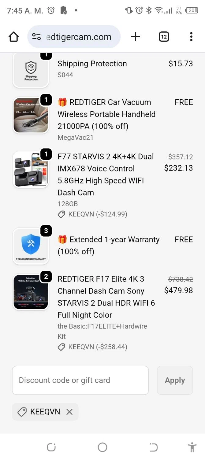 Redtiger discount code screenshot showing code KEEQVN applied at Redtiger checkout page. Uploaded by SimplyCodes community member SaleSentinel7319 on Nov 16, 2025