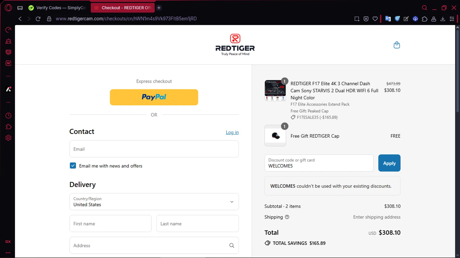 Redtiger discount code screenshot showing code WELCOME5 applied at Redtiger checkout page. Uploaded by SimplyCodes community member TOLUENO on Aug 14, 2025