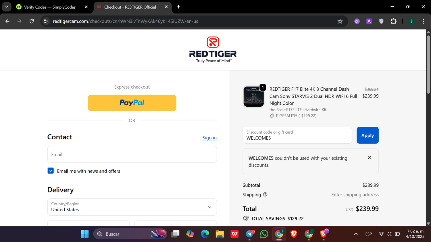 Redtiger discount code screenshot showing code WELCOME5 applied at Redtiger checkout page. Uploaded by SimplyCodes community member hanzell03 on Oct 4, 2025
