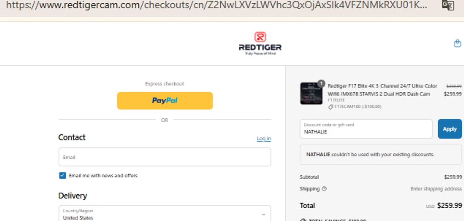 Redtiger discount code screenshot showing code NATHALIE applied at Redtiger checkout page. Uploaded by SimplyCodes community member RewardFinder4836 on Jun 21, 2025