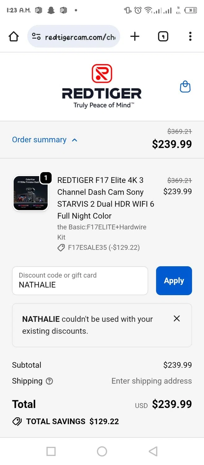 Redtiger discount code screenshot showing code NATHALIE applied at Redtiger checkout page. Uploaded by SimplyCodes community member tumiedo on Oct 12, 2025