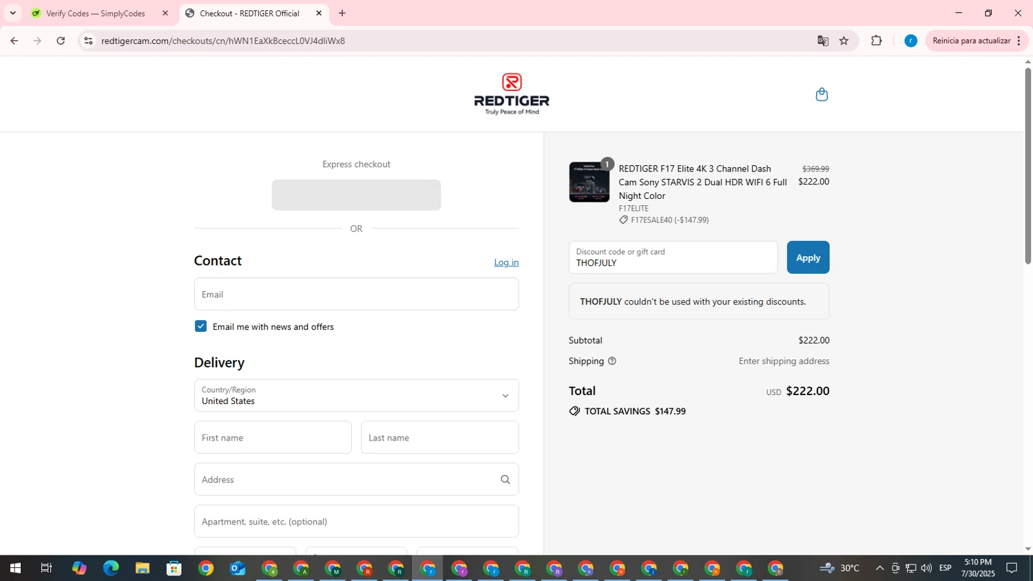 Redtiger discount code screenshot showing code THOFJULY applied at Redtiger checkout page. Uploaded by SimplyCodes community member RewardVoyager146 on Jul 30, 2025