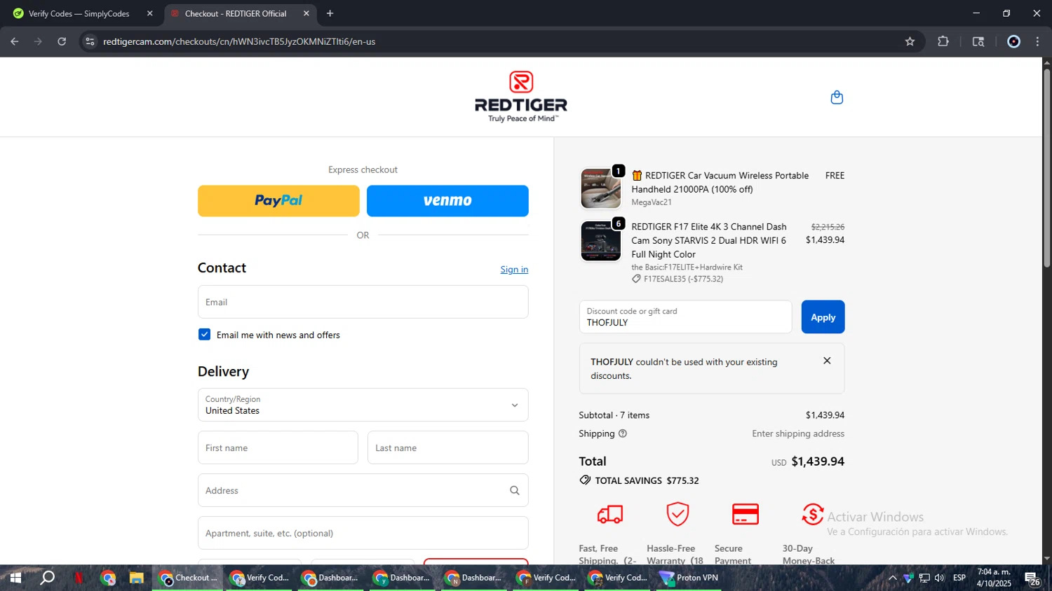 Redtiger discount code screenshot showing code THOFJULY applied at Redtiger checkout page. Uploaded by SimplyCodes community member RoyalBoss4384 on Oct 4, 2025