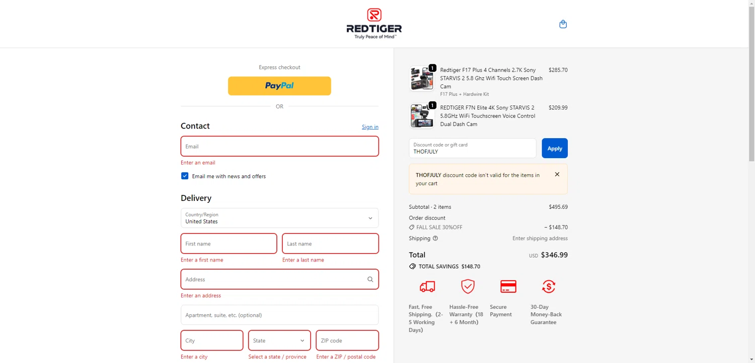 Redtiger discount code screenshot showing code THOFJULY applied at Redtiger checkout page. Uploaded by SimplyCodes community member TreasureKnight4134 on Oct 12, 2025
