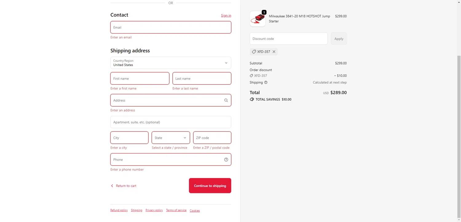 Red Tool Store checkout page showing Red Tool Store discount code box | Screenshot taken by SimplyCodes community member on Jan 29, 2026
