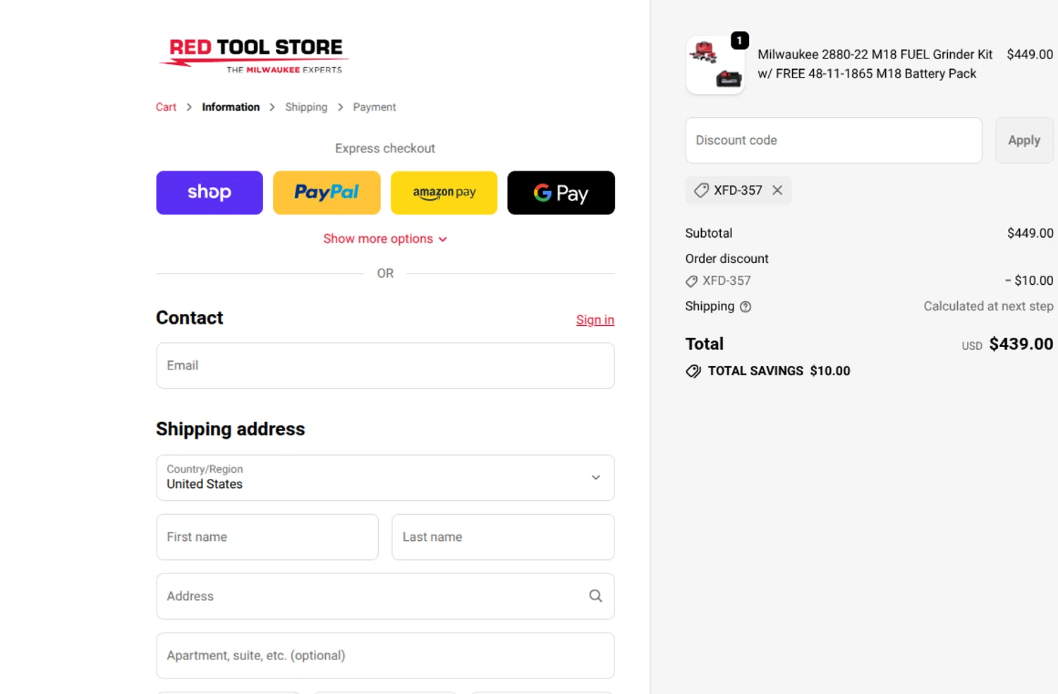 Red Tool Store discount code screenshot showing code XFD-357 applied at Red Tool Store checkout page. Uploaded by SimplyCodes community member reimalave10 on Dec 20, 2025