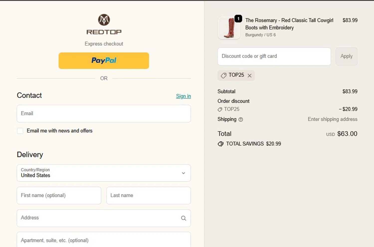 REDTOP coupon code screenshot showing code TOP25 applied at REDTOP checkout page. Uploaded by SimplyCodes community member aadadqjkdwqdq on Dec 12, 2025