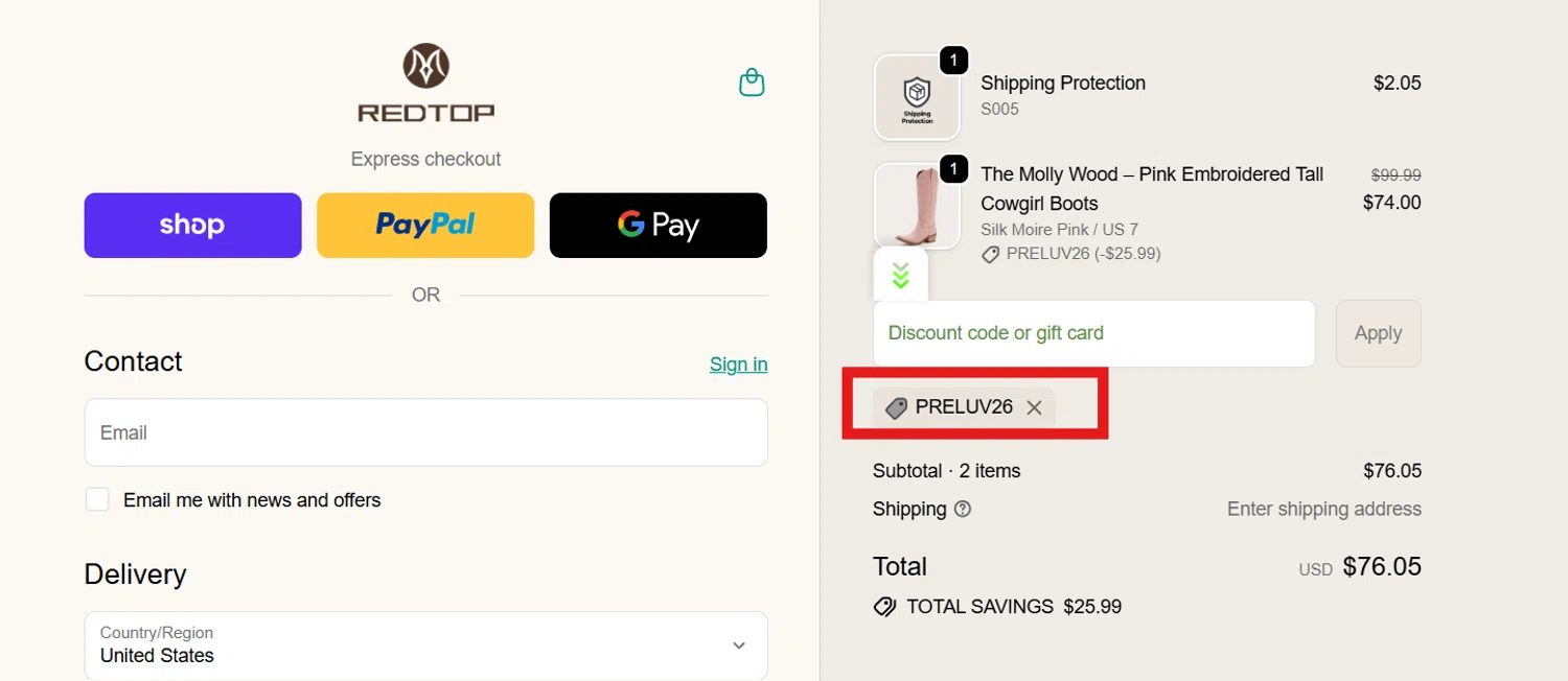 REDTOP coupon code screenshot showing code PRELUV26 applied at REDTOP checkout page. Uploaded by SimplyCodes community member CleverSentinel4477 on Oct 13, 2025