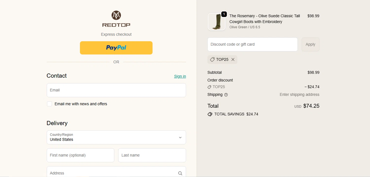REDTOP coupon code screenshot showing code TOP25 applied at REDTOP checkout page. Uploaded by SimplyCodes community member juanisaac on Nov 17, 2025