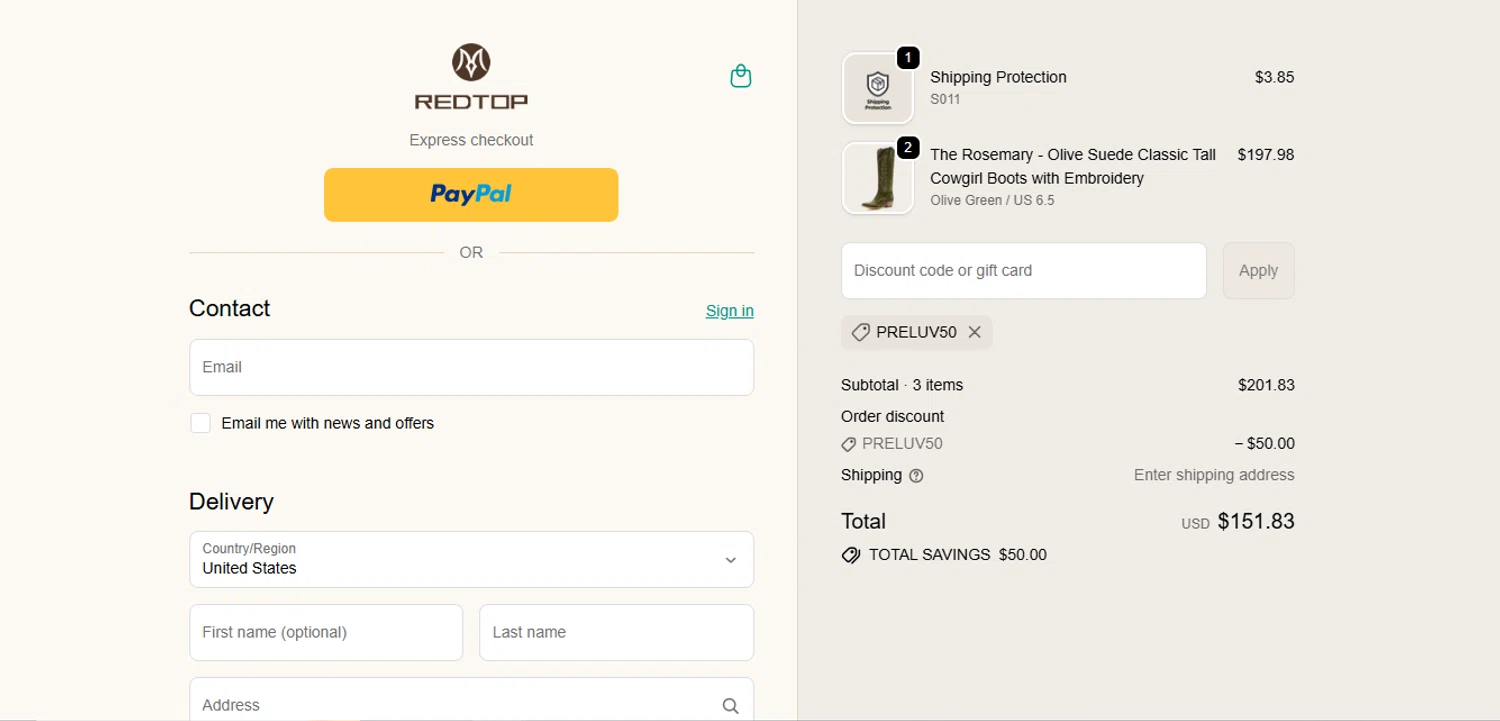 REDTOP coupon code screenshot showing code PRELUV50 applied at REDTOP checkout page. Uploaded by SimplyCodes community member juanisaac on Nov 17, 2025