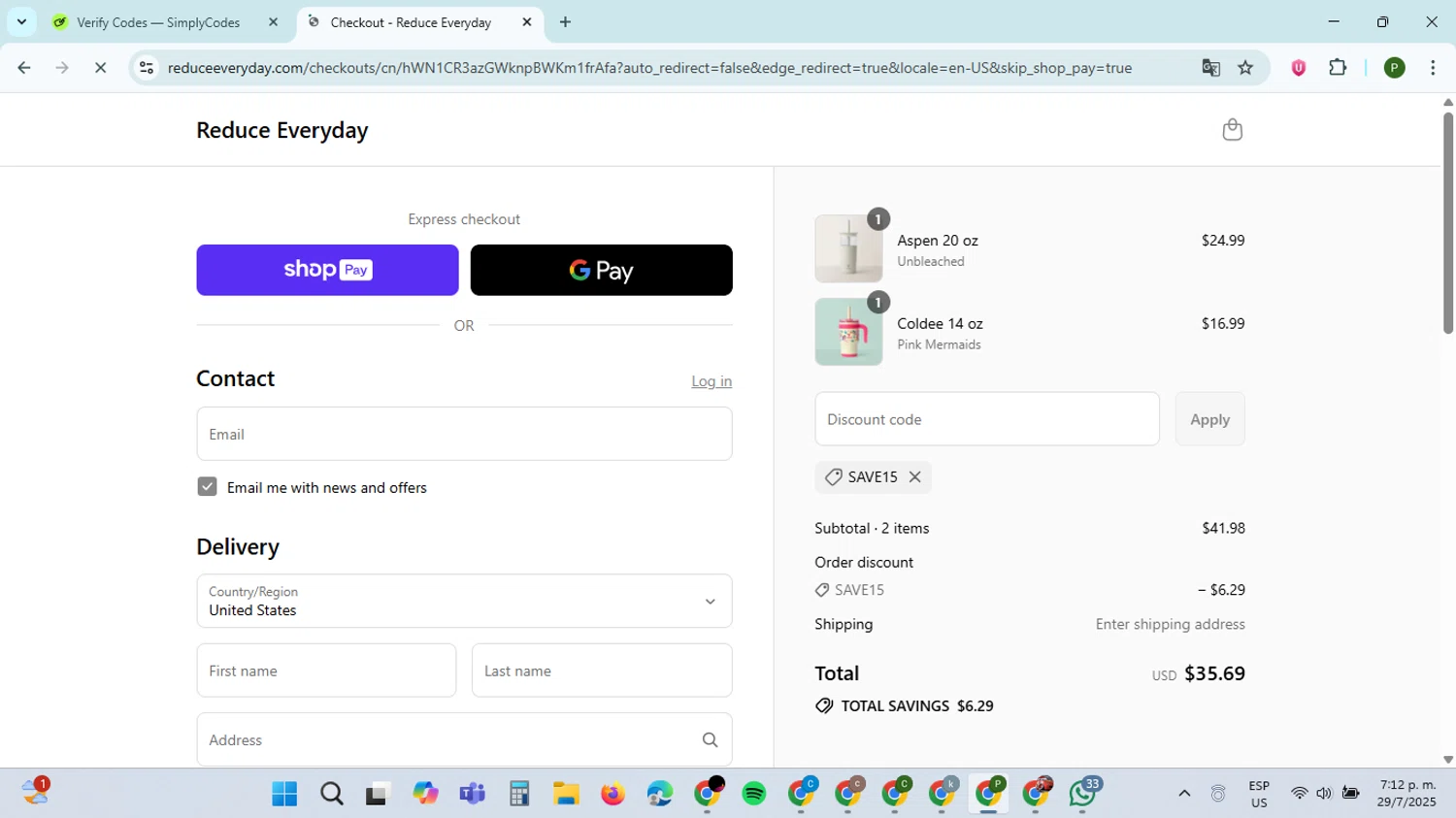 Reduce coupon code screenshot showing code save15 applied at Reduce checkout page. Uploaded by SimplyCodes community member ThriftySpotter5396 on Jul 29, 2025