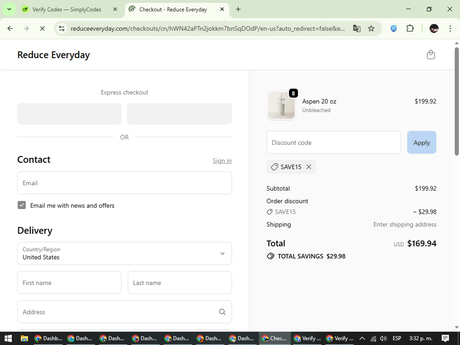 Reduce coupon code screenshot showing code save15 applied at Reduce checkout page. Uploaded by SimplyCodes community member WonderCurator791 on Oct 12, 2025