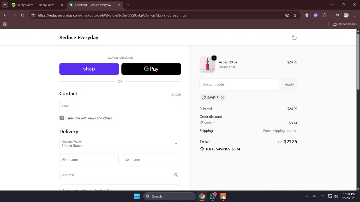 Reduce coupon code screenshot showing code save15 applied at Reduce checkout page. Uploaded by SimplyCodes community member lunita on Sep 23, 2025