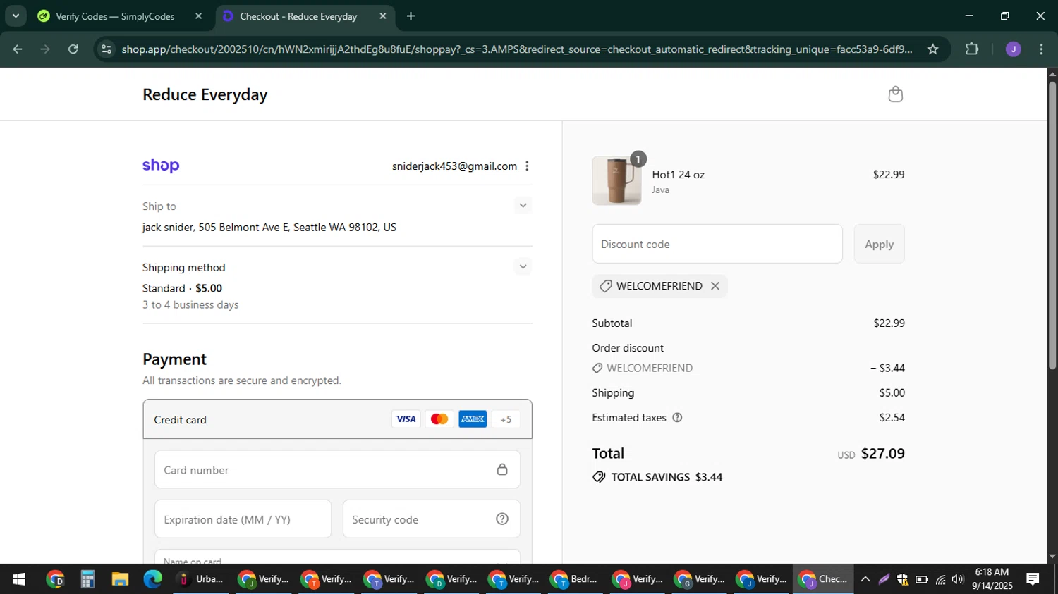 Reduce coupon code screenshot showing code WELCOMEFRIEND applied at Reduce checkout page. Uploaded by SimplyCodes community member sniderjack453 on Sep 14, 2025