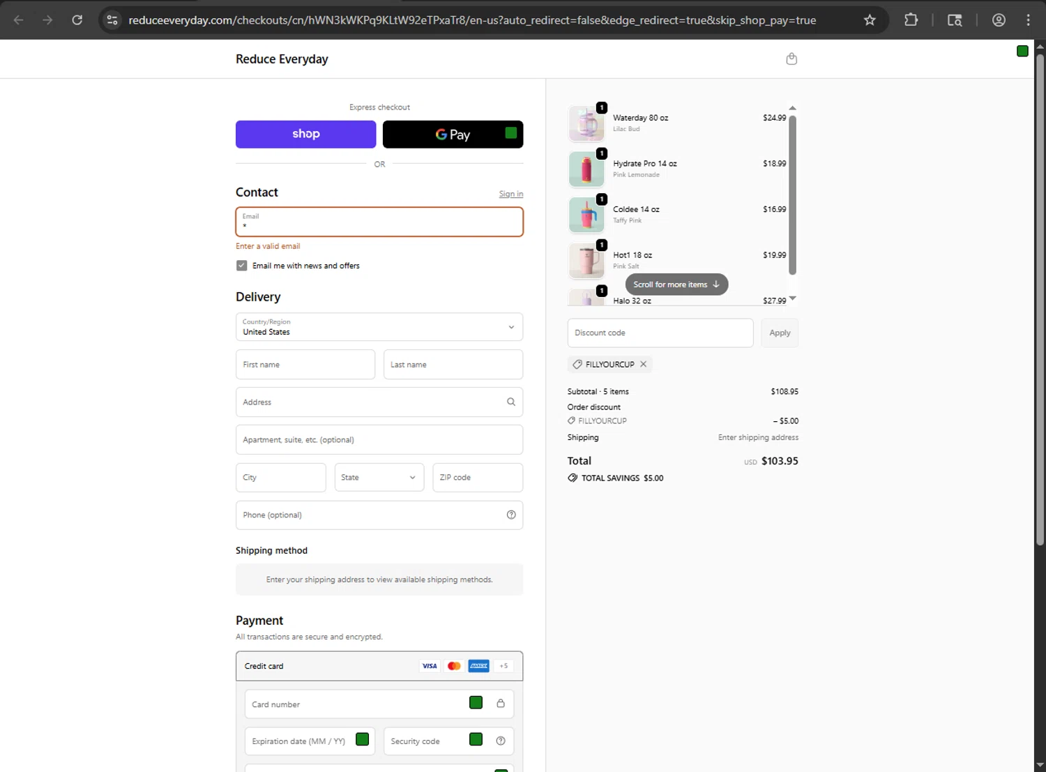 Reduce coupon code screenshot showing code FILLYOURCUP applied at Reduce checkout page. Uploaded by SimplyCodes community member kaiserser on Oct 5, 2025
