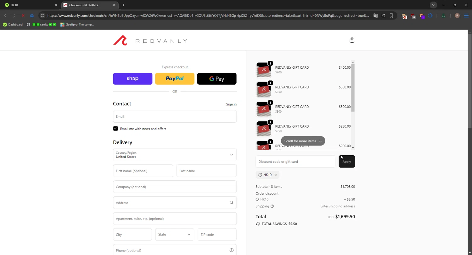REDVANLY discount code screenshot showing code HK10 applied at REDVANLY checkout page. Uploaded by SimplyCodes community member CrownPro3073 on Dec 19, 2025