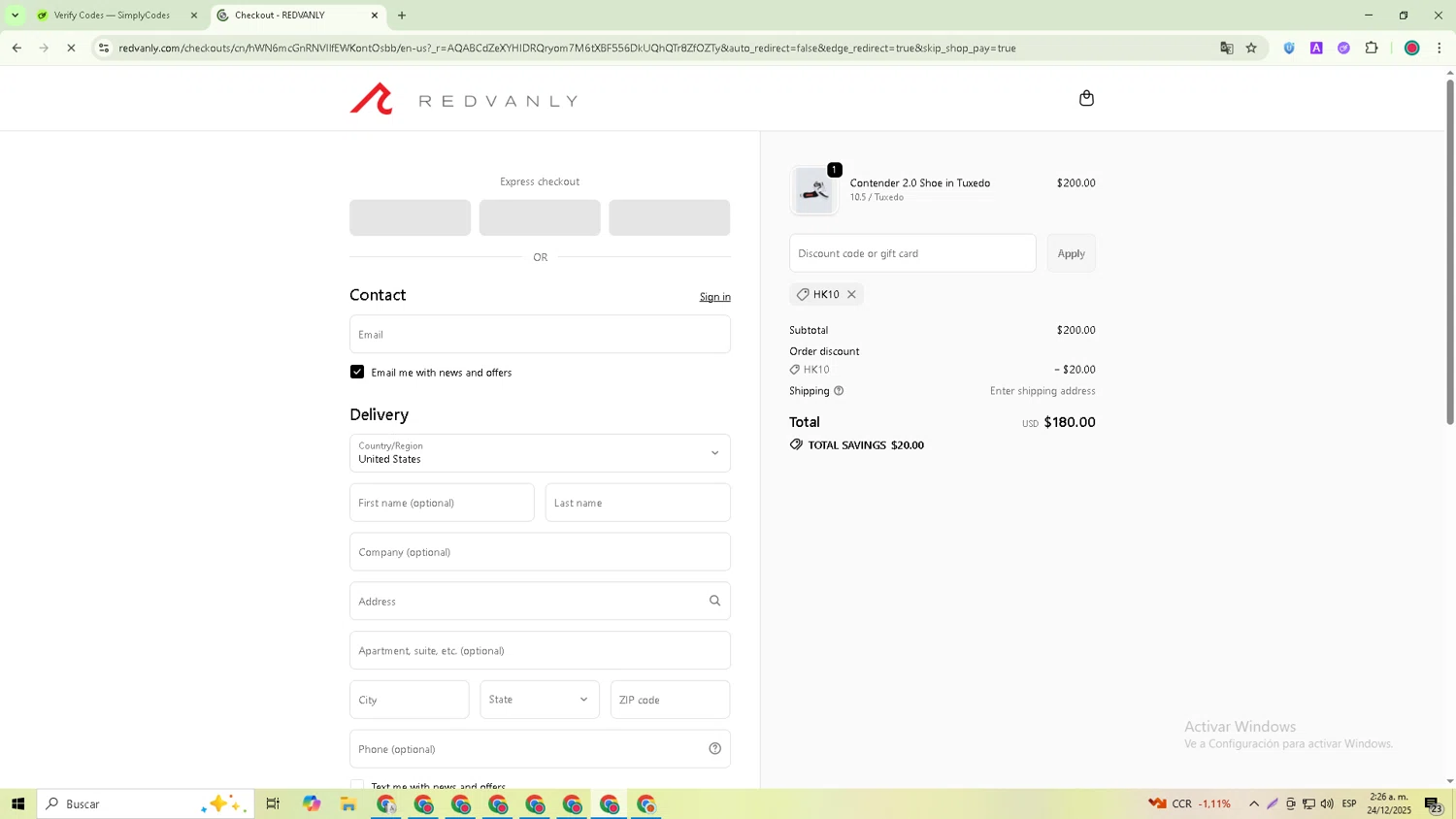 REDVANLY discount code screenshot showing code HK10 applied at REDVANLY checkout page. Uploaded by SimplyCodes community member David_Garcia on Dec 24, 2025